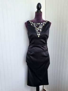 Blu Sage Satin Elegant Black Dress Rinestones Detail Rutched Midi Sleveless Sz 6